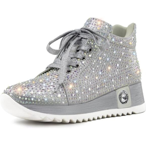 Women's Fashion Glitter Sneakers Platform Wedge Shoes Sparkly Rhinestone HighTop - Picture 1 of 7